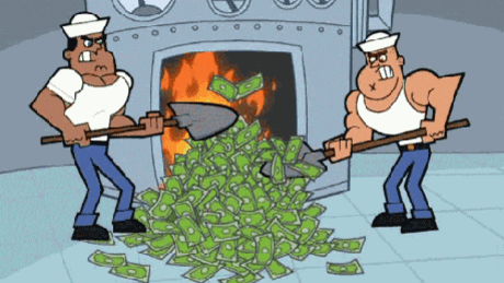 dois bonecos a queimar dinheiro num forno
