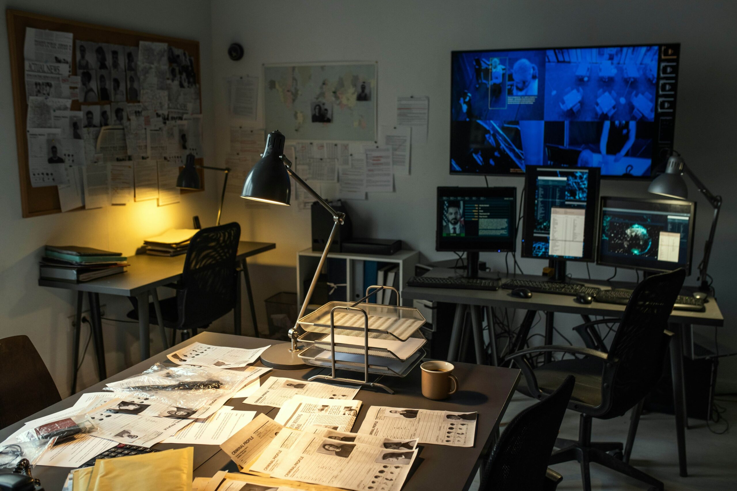 sala de investigação com pistas do caso